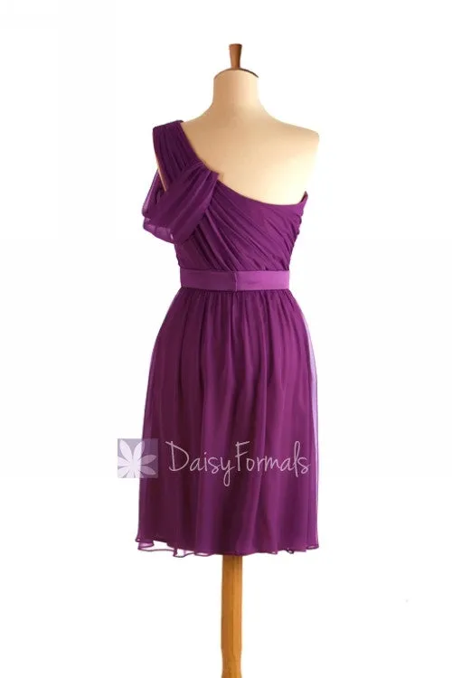 One Shoulder Short Chiffon Bridesmaid Dress Purple Formal Dress(BM280)