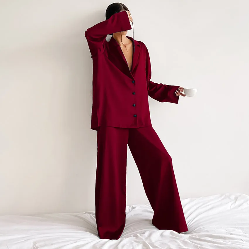 Oversize Long Sleeve Silk Sleepwear Pajama Set for Women