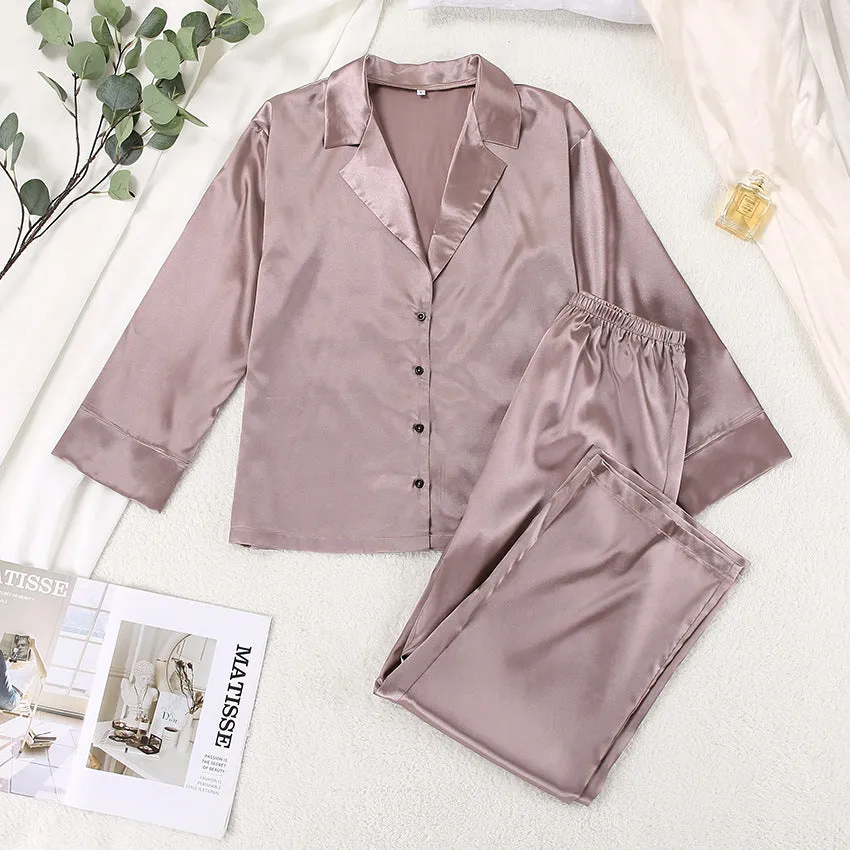 Oversize Long Sleeve Silk Sleepwear Pajama Set for Women