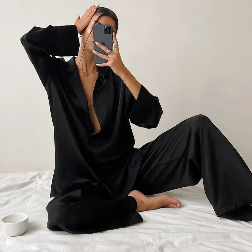 Oversize Long Sleeve Silk Sleepwear Pajama Set for Women