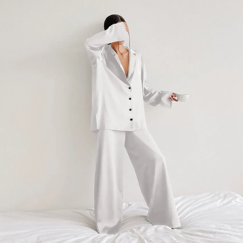 Oversize Long Sleeve Silk Sleepwear Pajama Set for Women