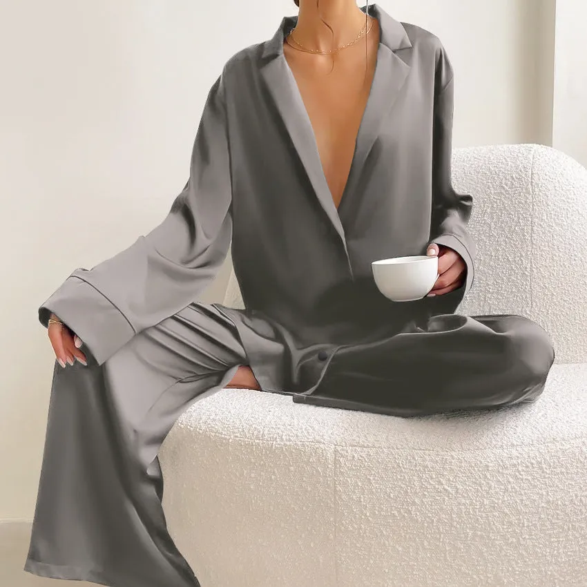 Oversize Long Sleeve Silk Sleepwear Pajama Set for Women