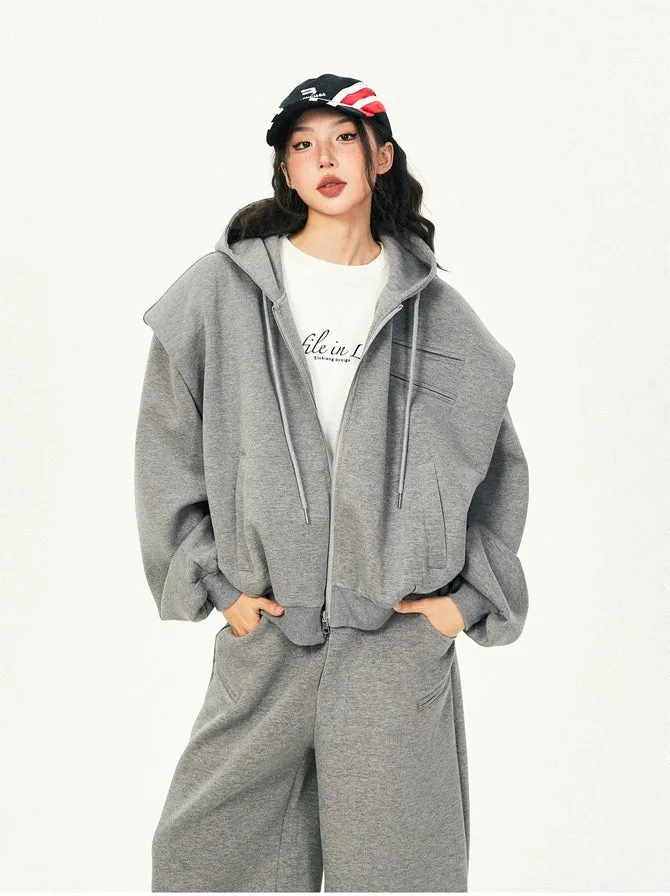 Oversized Cropped Zip Hoodie and Wide-Leg Pants Tracksuit Set