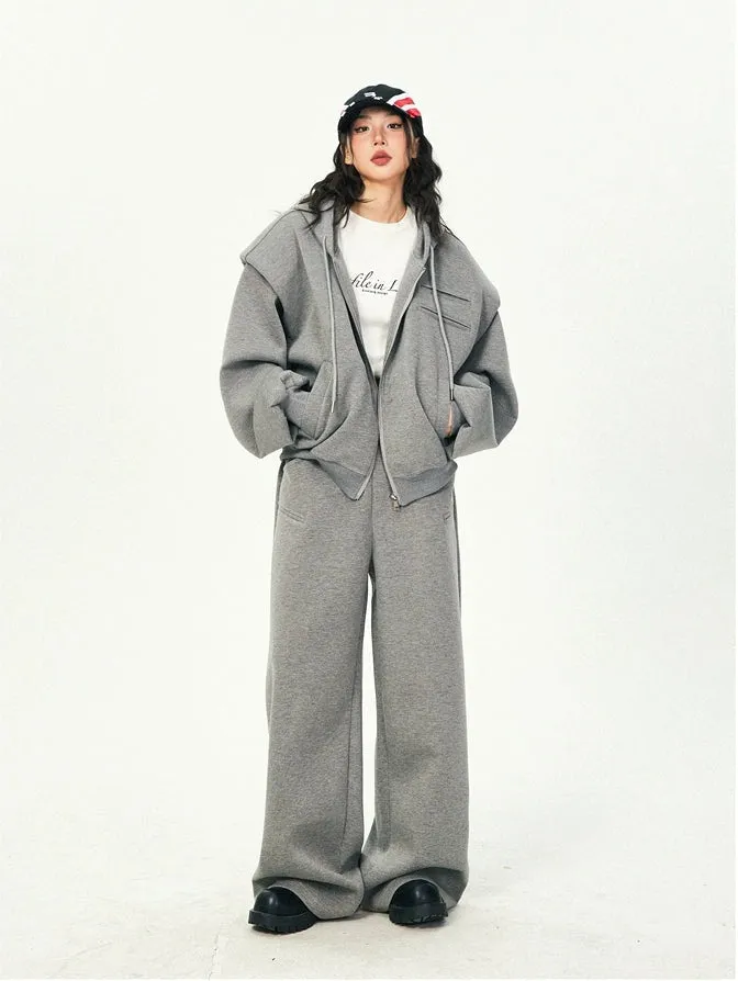 Oversized Cropped Zip Hoodie and Wide-Leg Pants Tracksuit Set