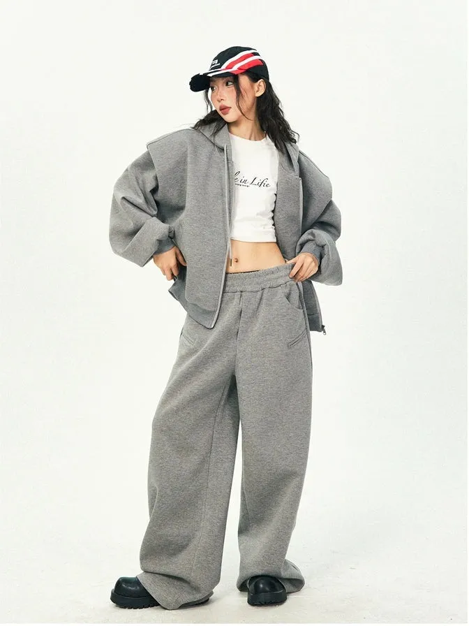 Oversized Cropped Zip Hoodie and Wide-Leg Pants Tracksuit Set