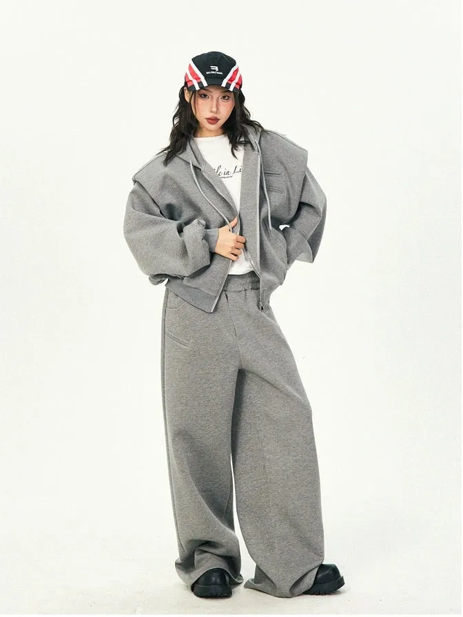 Oversized Cropped Zip Hoodie and Wide-Leg Pants Tracksuit Set