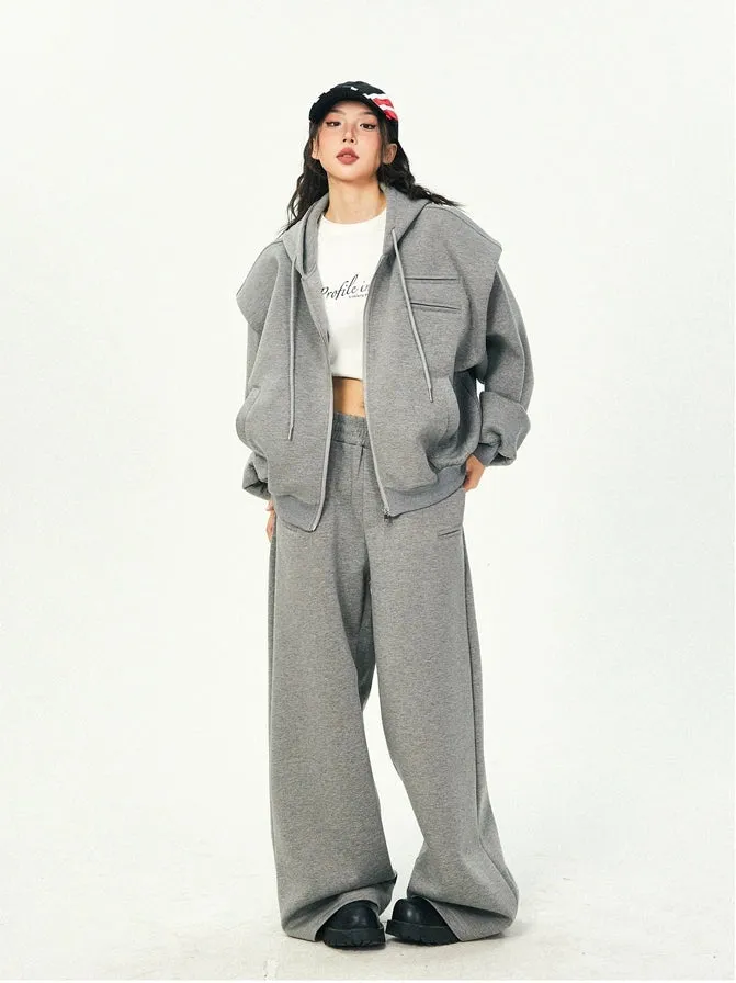 Oversized Cropped Zip Hoodie and Wide-Leg Pants Tracksuit Set