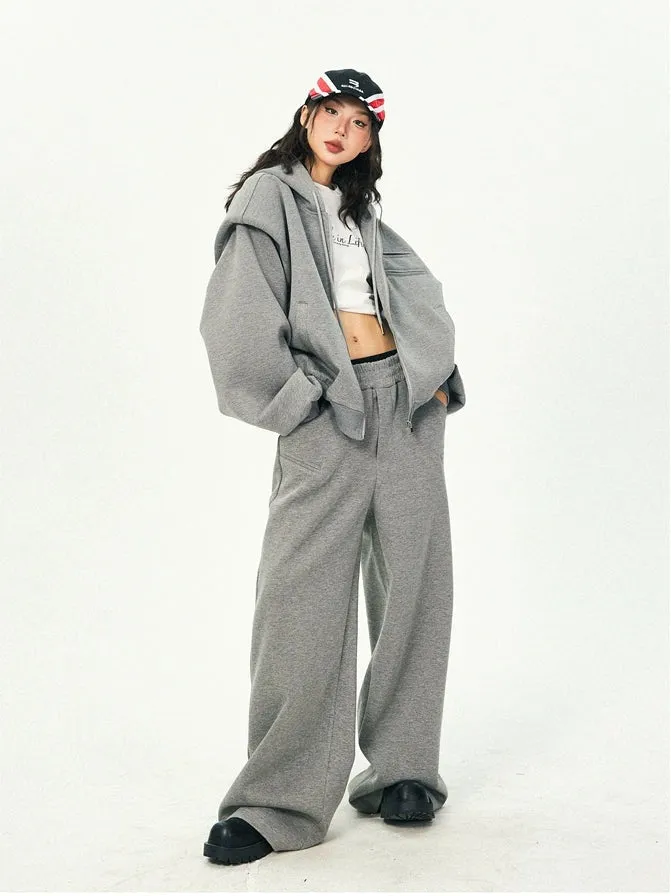 Oversized Cropped Zip Hoodie and Wide-Leg Pants Tracksuit Set