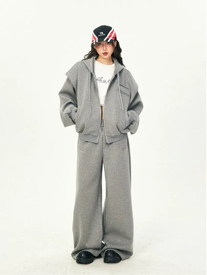 Oversized Cropped Zip Hoodie and Wide-Leg Pants Tracksuit Set