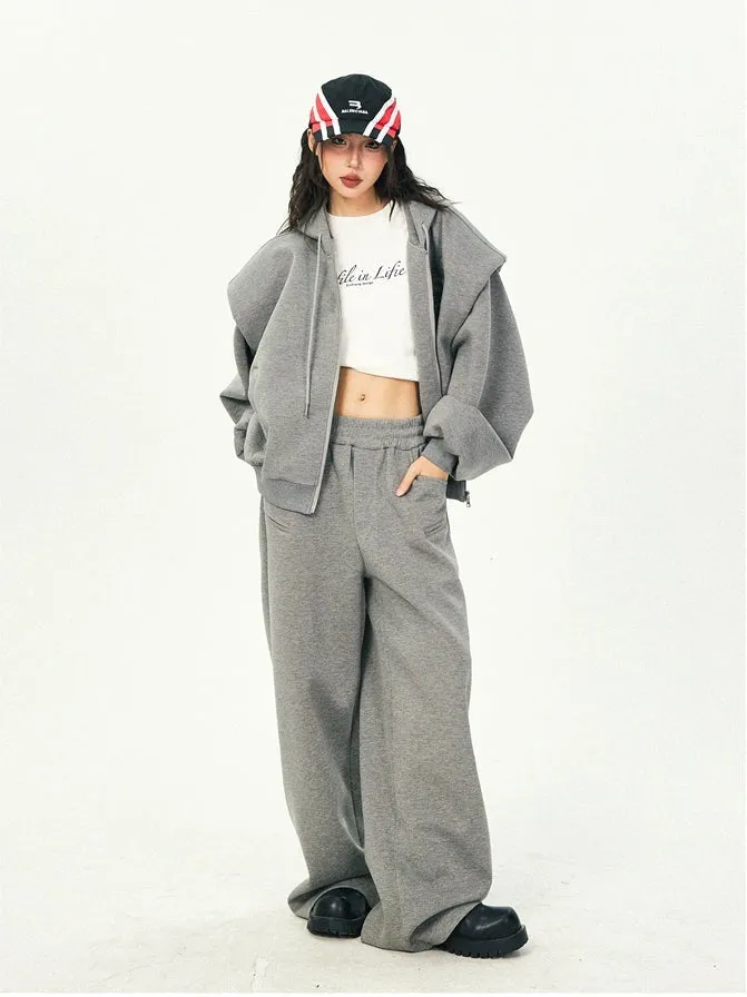 Oversized Cropped Zip Hoodie and Wide-Leg Pants Tracksuit Set