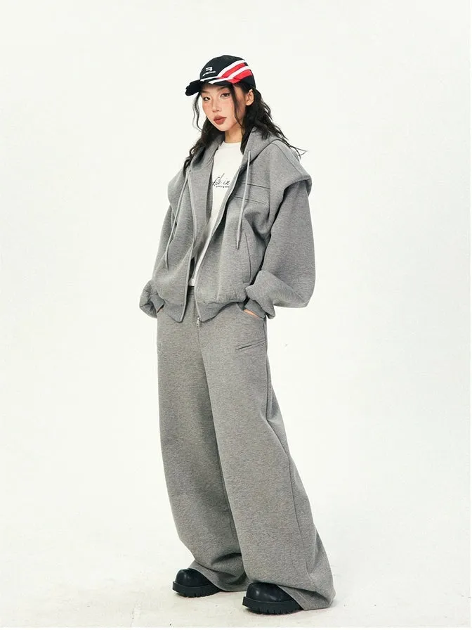 Oversized Cropped Zip Hoodie and Wide-Leg Pants Tracksuit Set