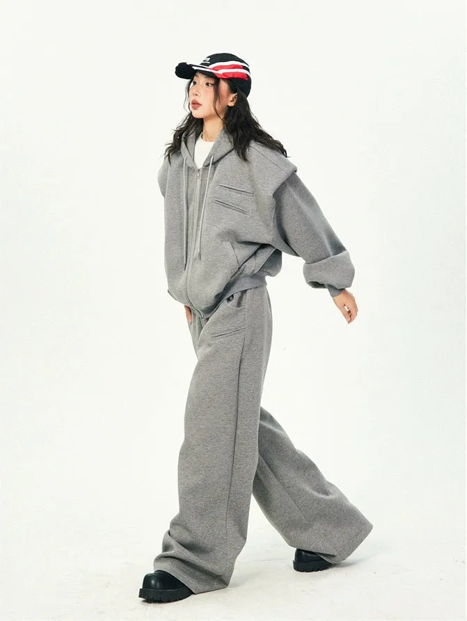 Oversized Cropped Zip Hoodie and Wide-Leg Pants Tracksuit Set