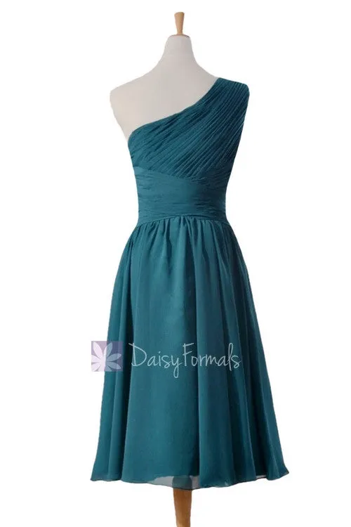 Peacock Teal One-Shoulder Knee Length Bridal Party Formal Dress(BM351)