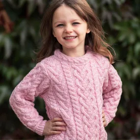 Pink Kids Crew Neck Aran Sweater