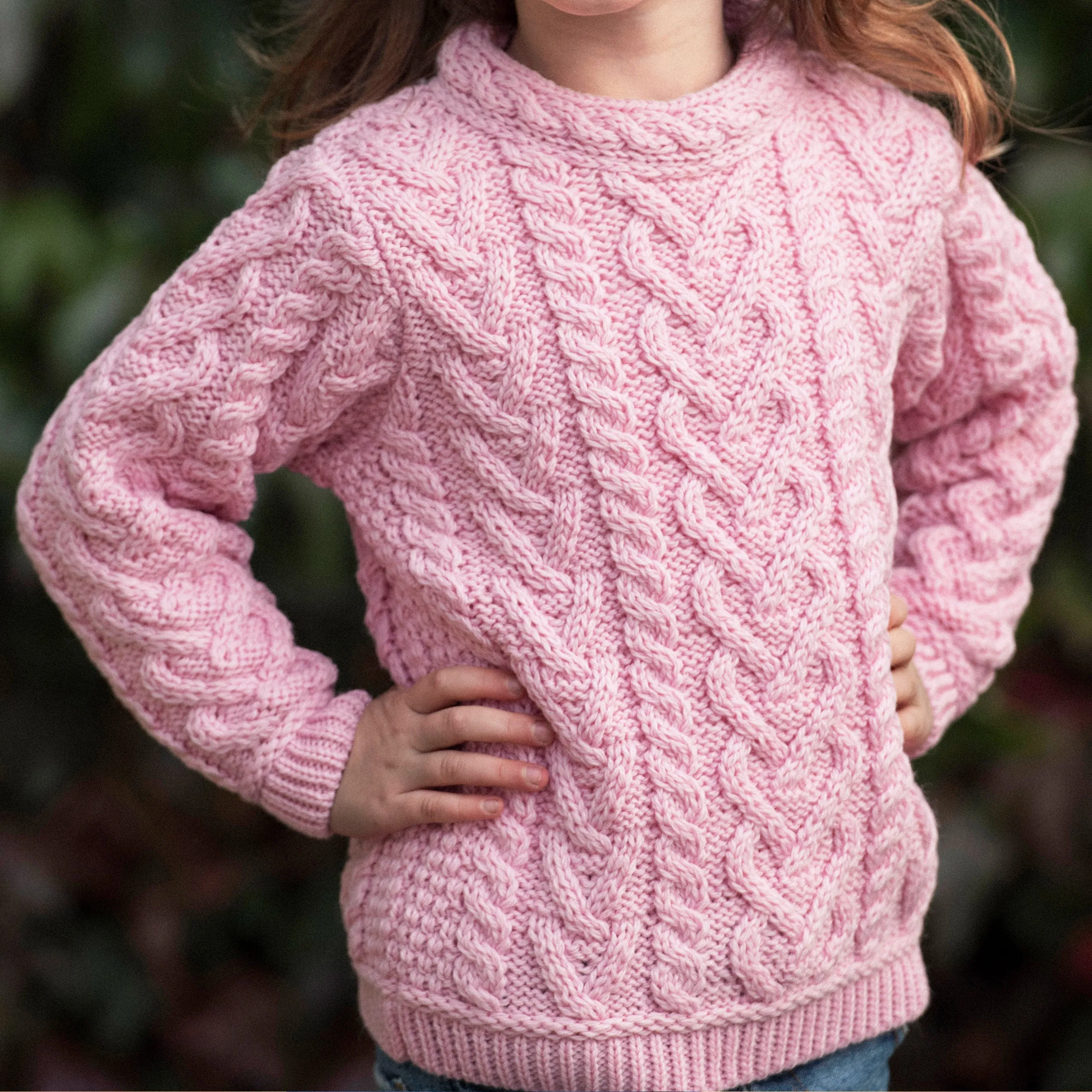 Pink Kids Crew Neck Aran Sweater