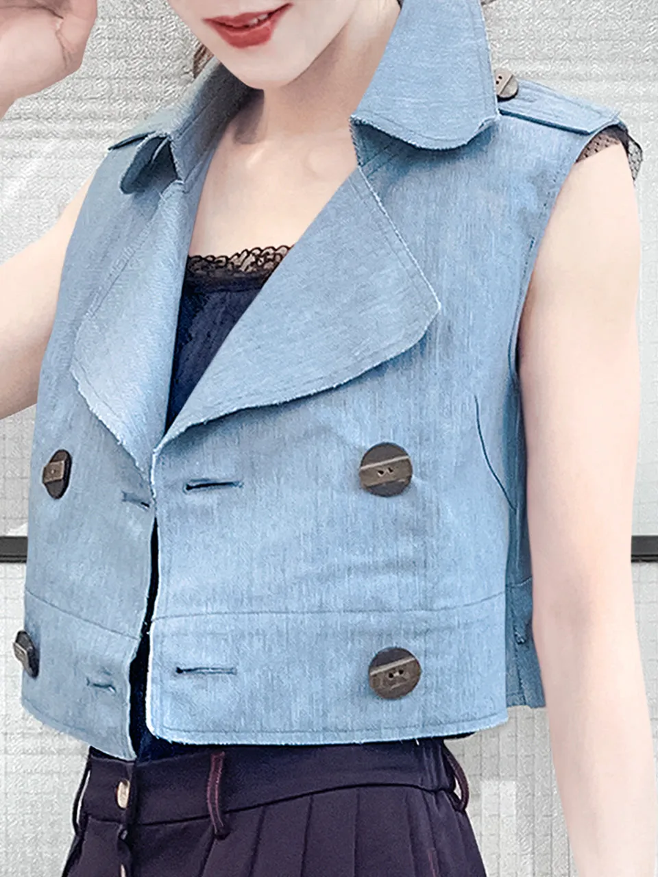 Restock! Denim Ruffle Back Double Breasted Sleeveless Crop Jacket