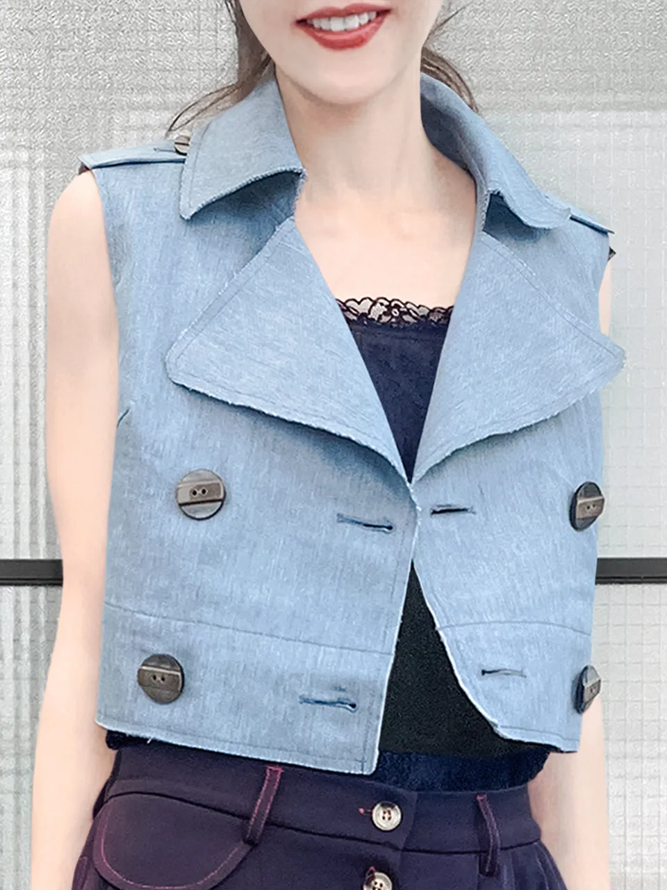 Restock! Denim Ruffle Back Double Breasted Sleeveless Crop Jacket