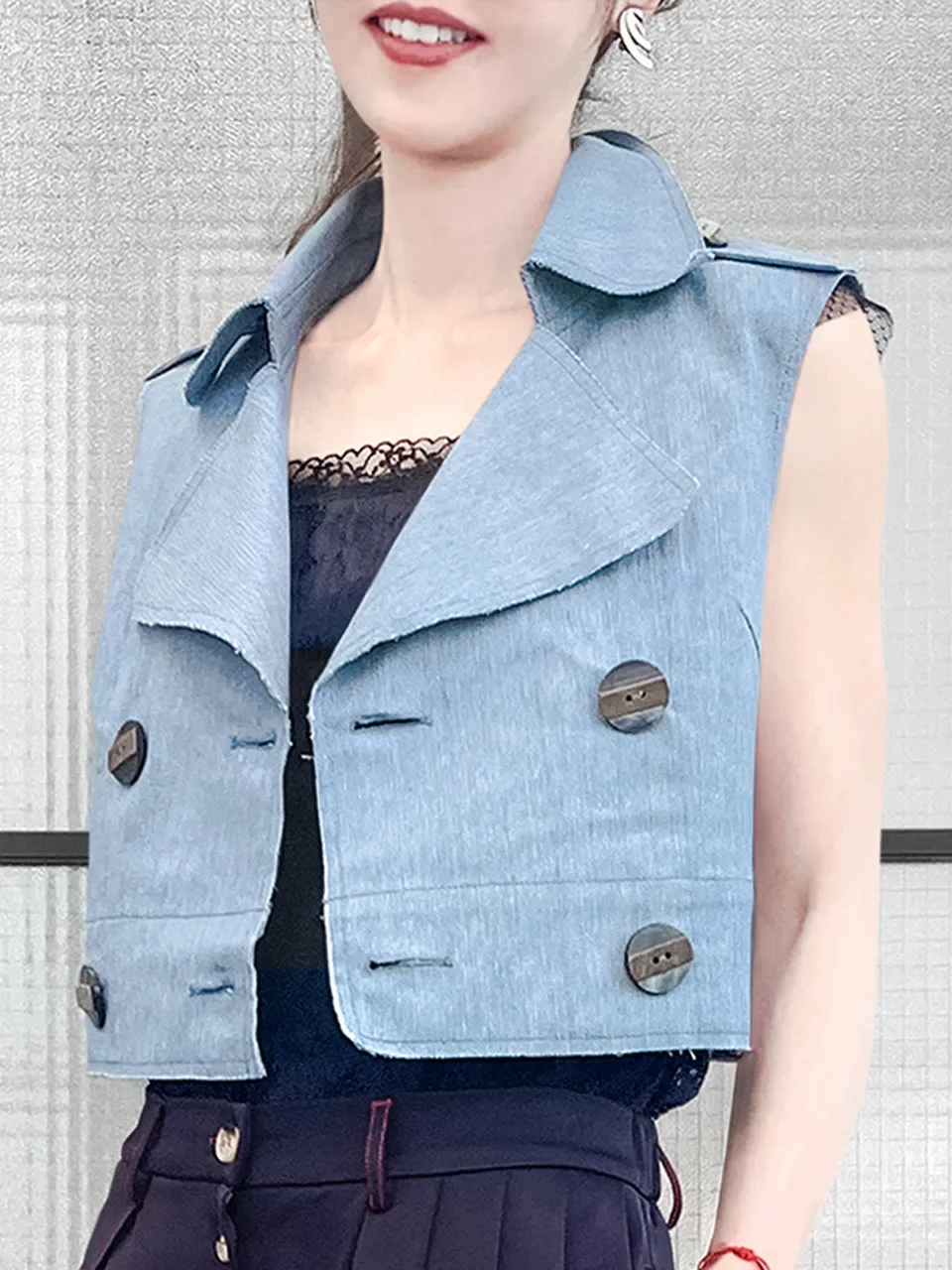 Restock! Denim Ruffle Back Double Breasted Sleeveless Crop Jacket