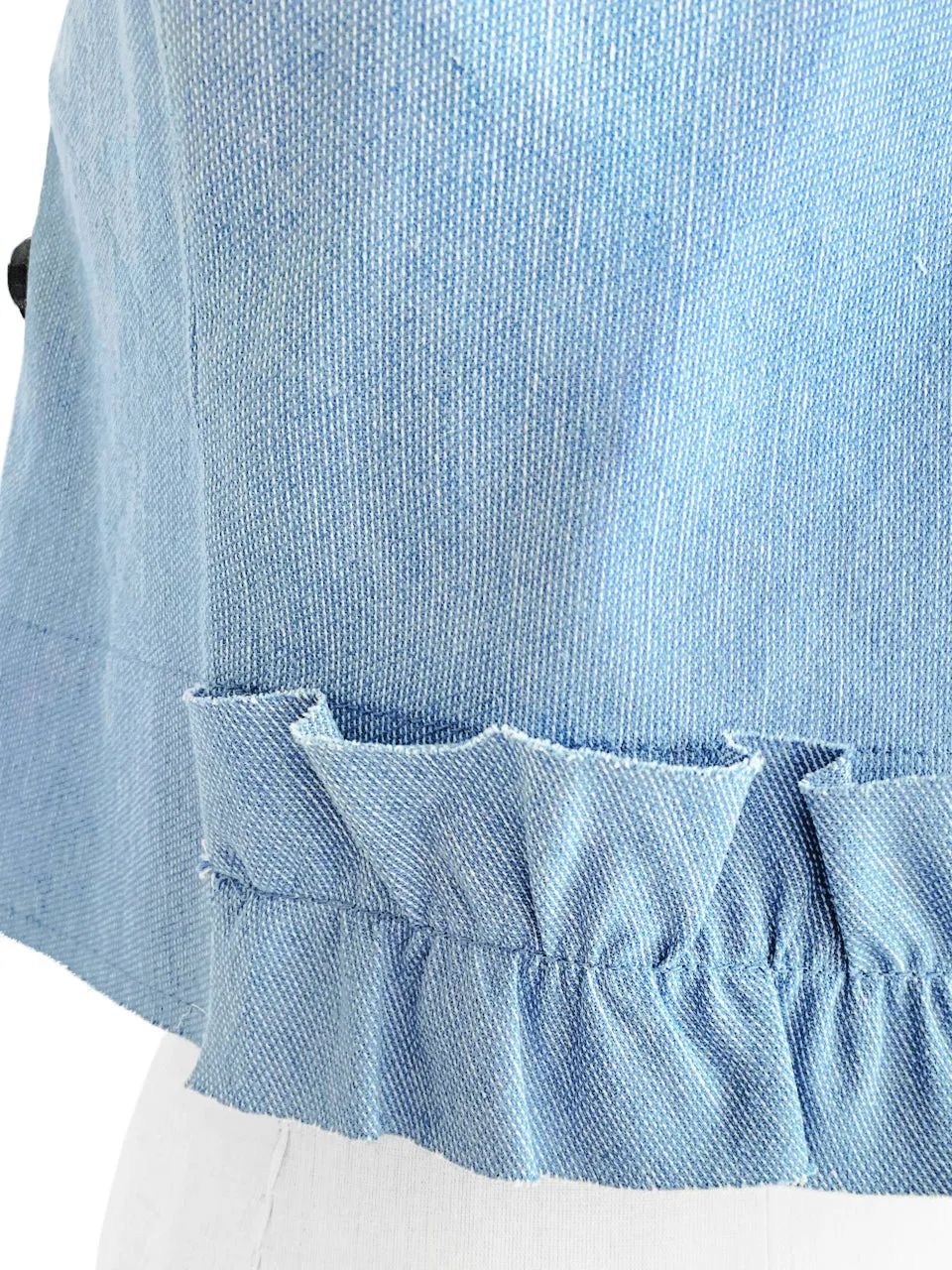 Restock! Denim Ruffle Back Double Breasted Sleeveless Crop Jacket