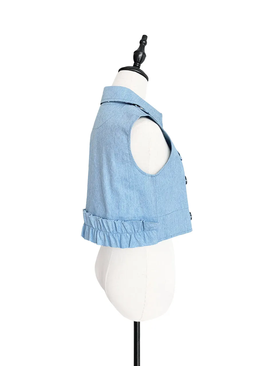 Restock! Denim Ruffle Back Double Breasted Sleeveless Crop Jacket