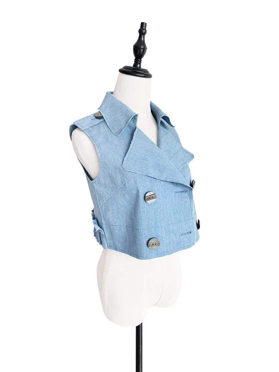 Restock! Denim Ruffle Back Double Breasted Sleeveless Crop Jacket