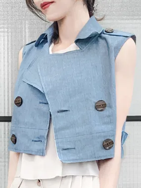 Restock! Denim Ruffle Back Double Breasted Sleeveless Crop Jacket