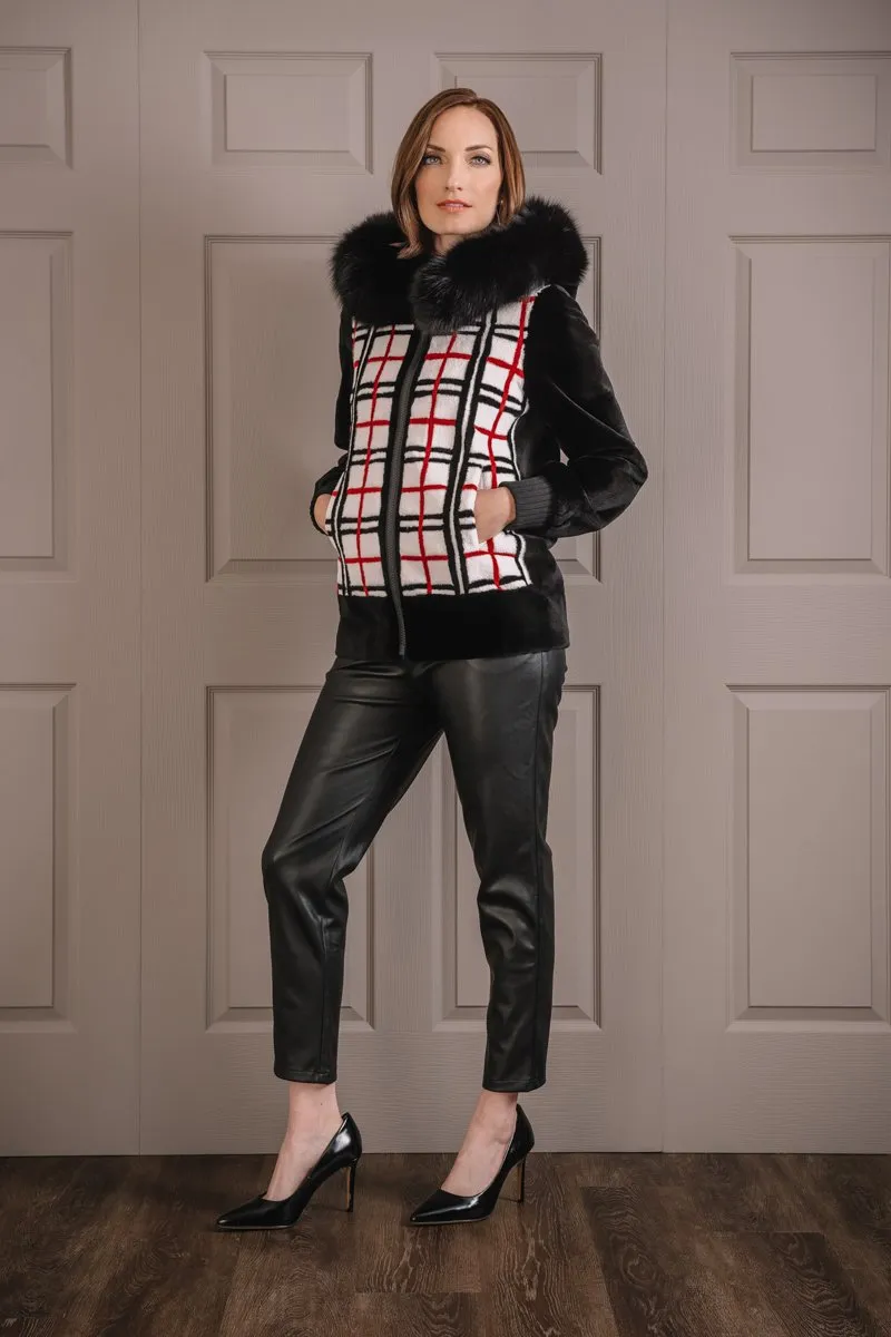 Reversible Plaid & Black Sheared Mink Fur Jacket - Fox Trimmed Hood