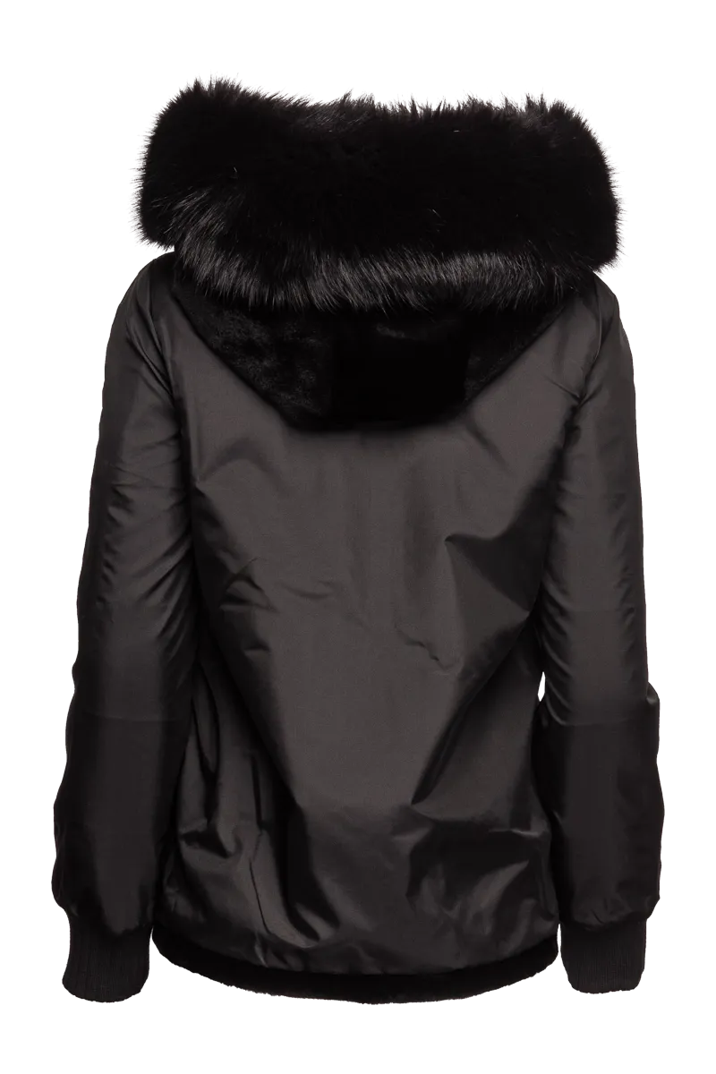 Reversible Plaid & Black Sheared Mink Fur Jacket - Fox Trimmed Hood