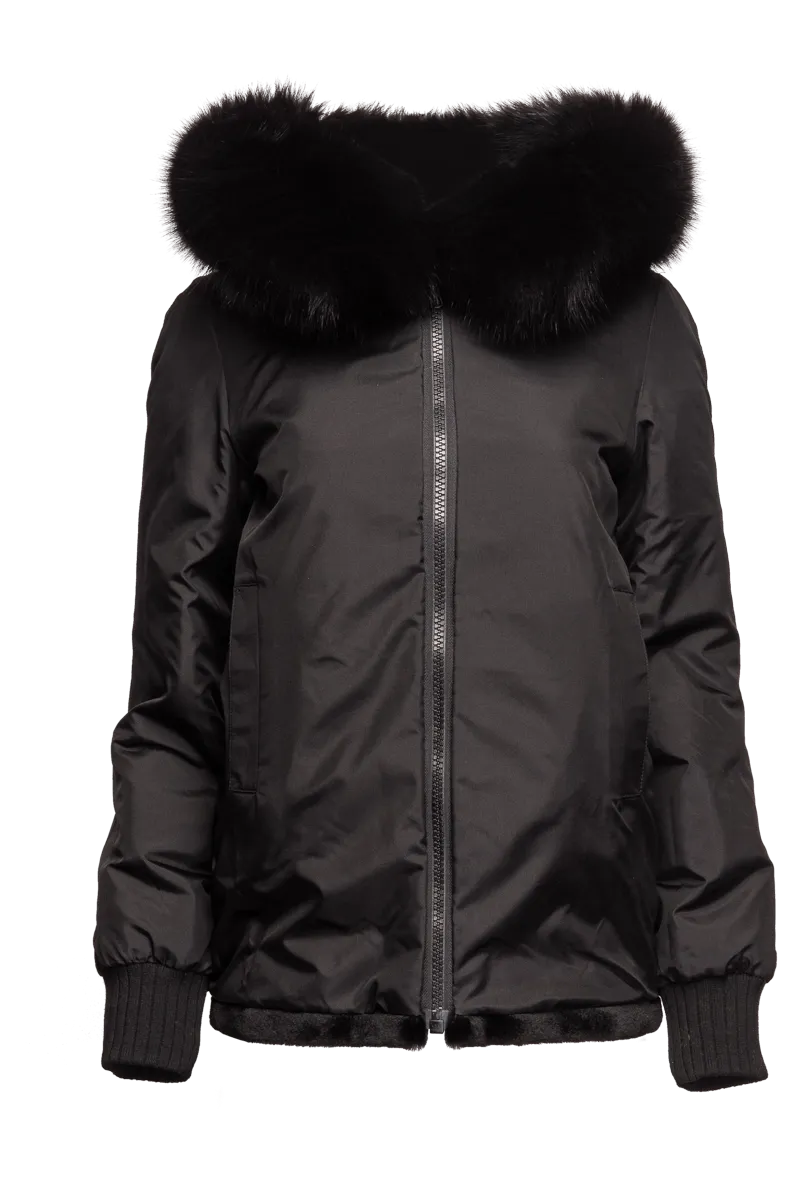 Reversible Plaid & Black Sheared Mink Fur Jacket - Fox Trimmed Hood