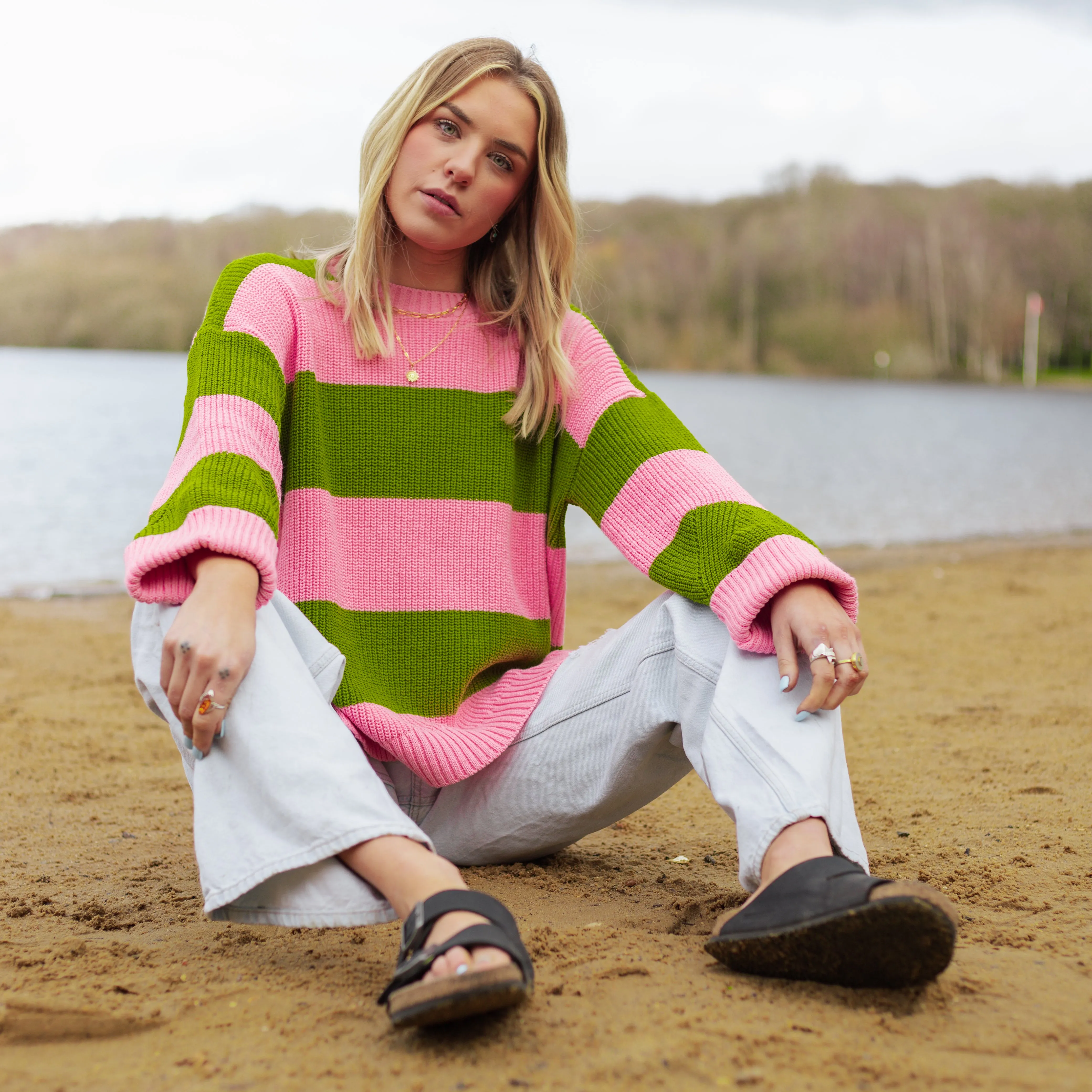 Rhiannon Recycled Cotton Mix Stripe Jumper - Pink and Green