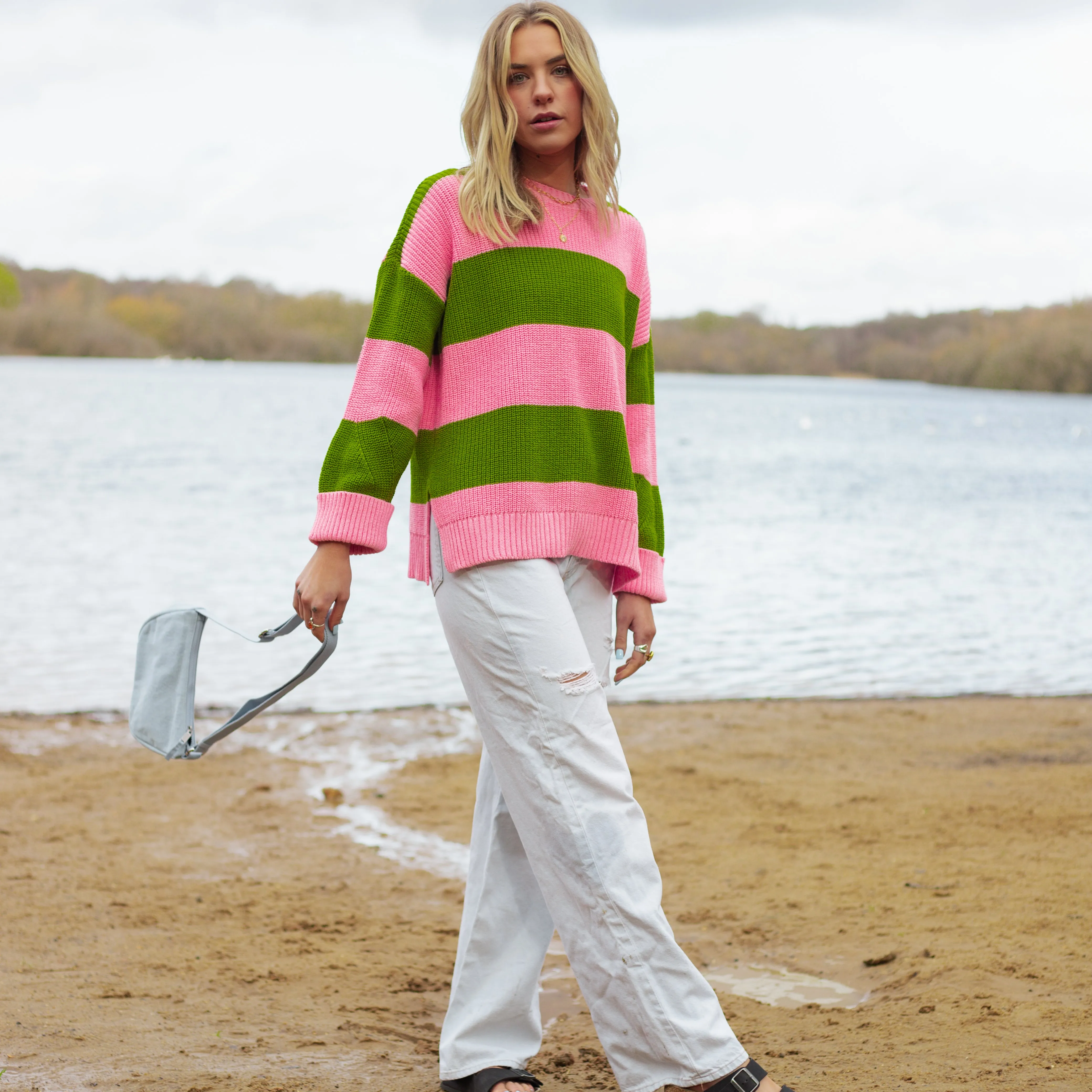 Rhiannon Recycled Cotton Mix Stripe Jumper - Pink and Green