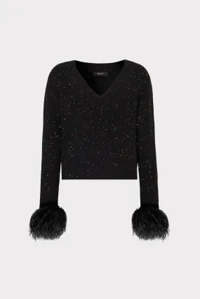 Sequin Feather Cuff V-Neck Sweater