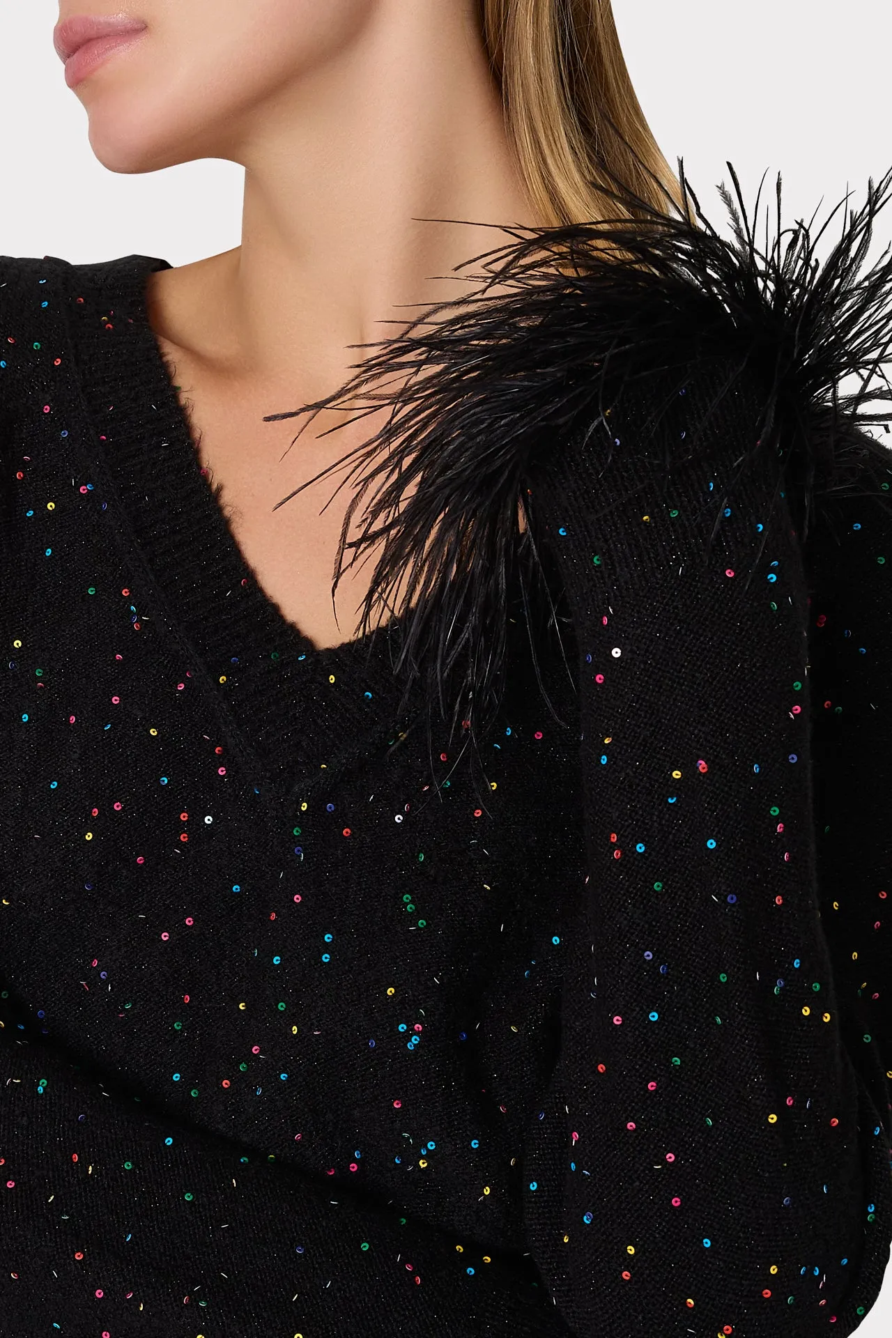 Sequin Feather Cuff V-Neck Sweater