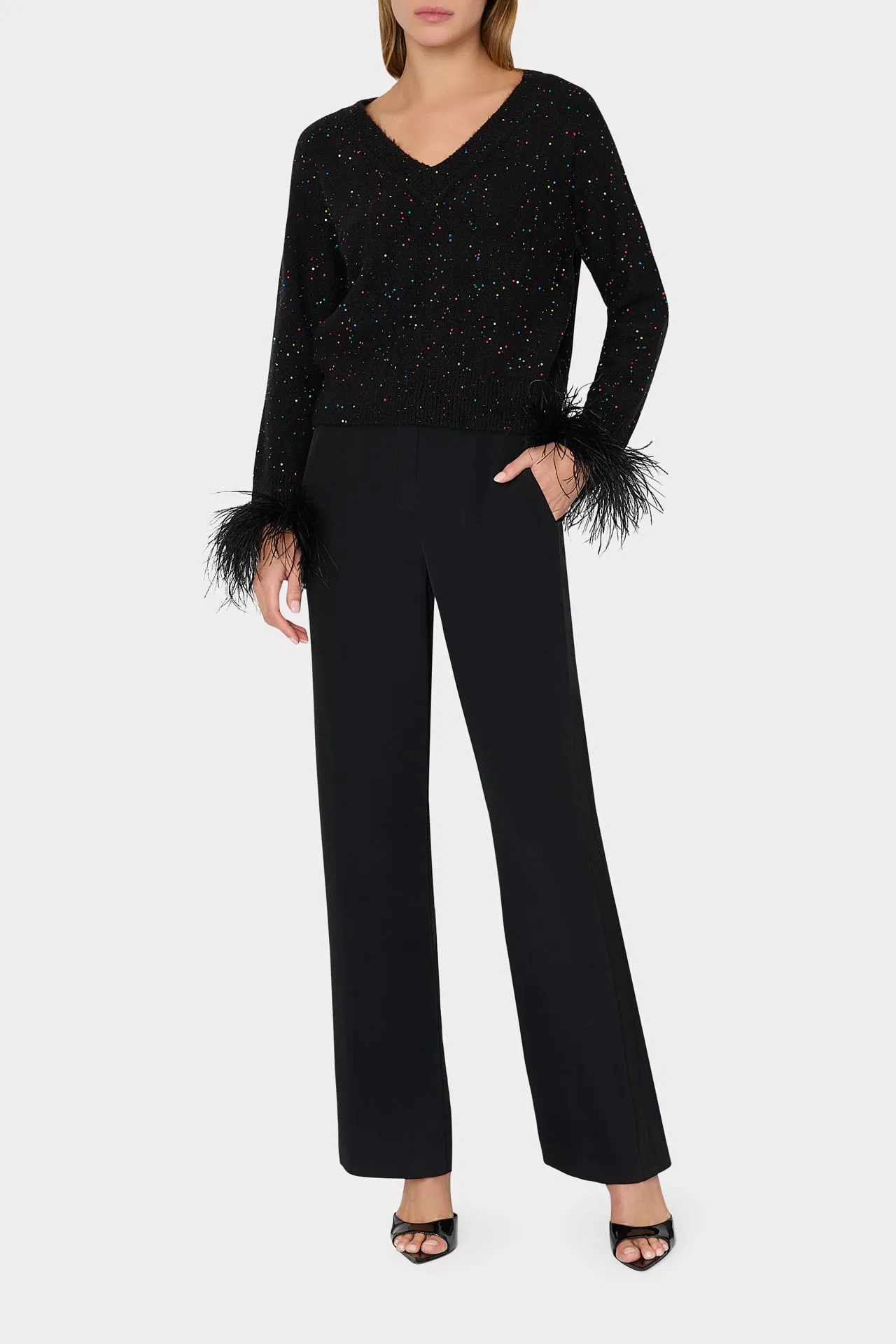 Sequin Feather Cuff V-Neck Sweater