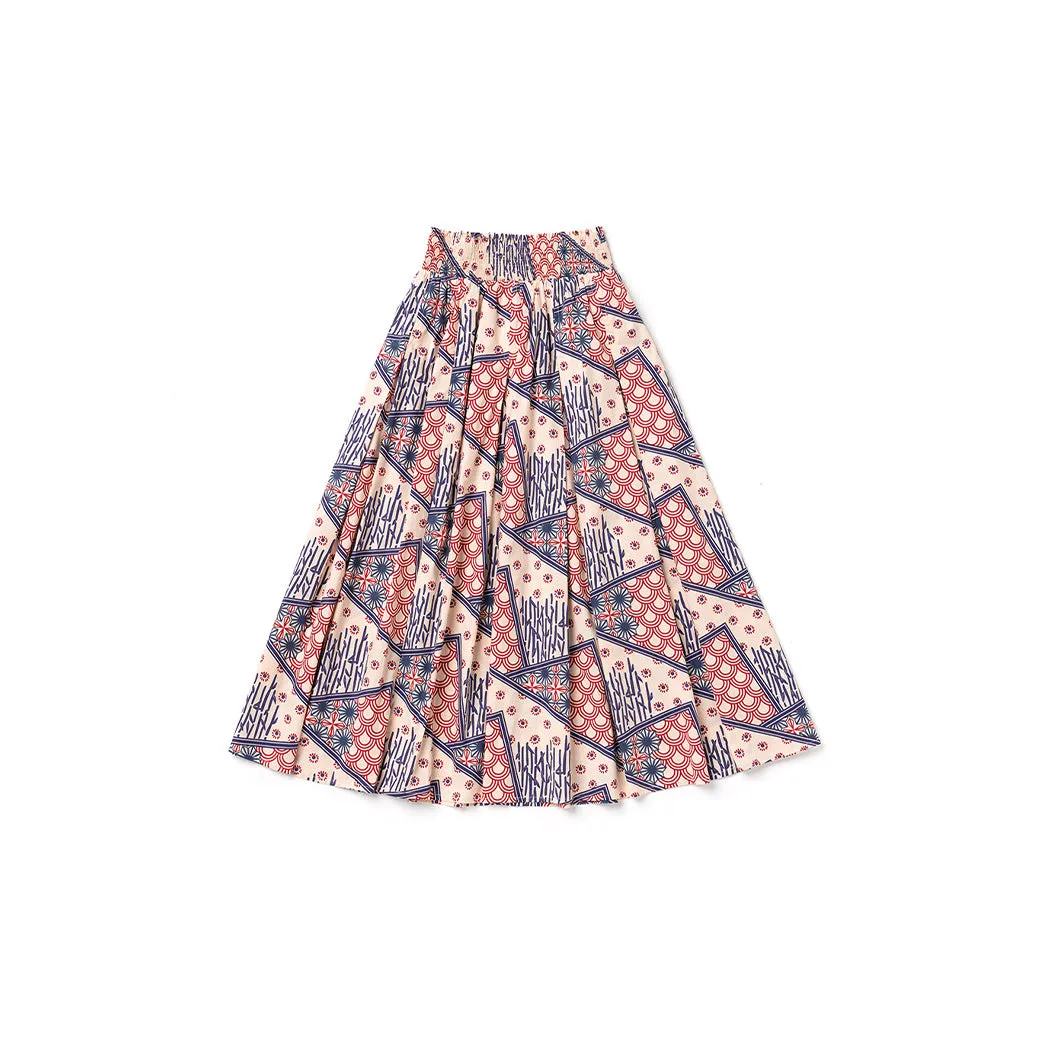 Smocked Waist MIDI Skirt - Indigo Circles