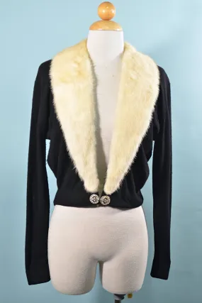 SOLD Vintage 50s Black Cashmere Cardigan White Mink Collar, Rhinestone Clasp