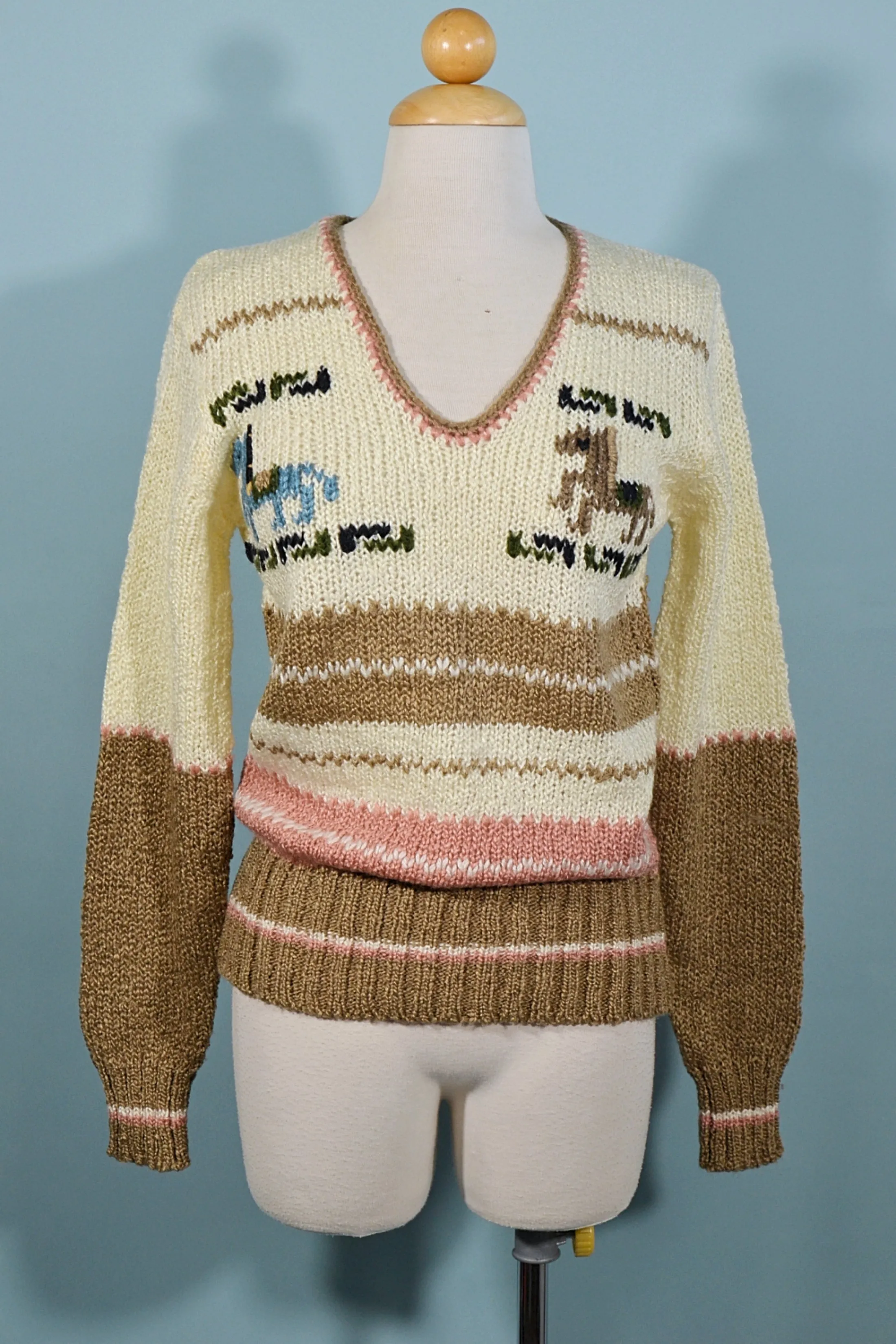 SOLD Vintage 60s V Neck Sweater Horses, Embroidered Details Novelty Sweater