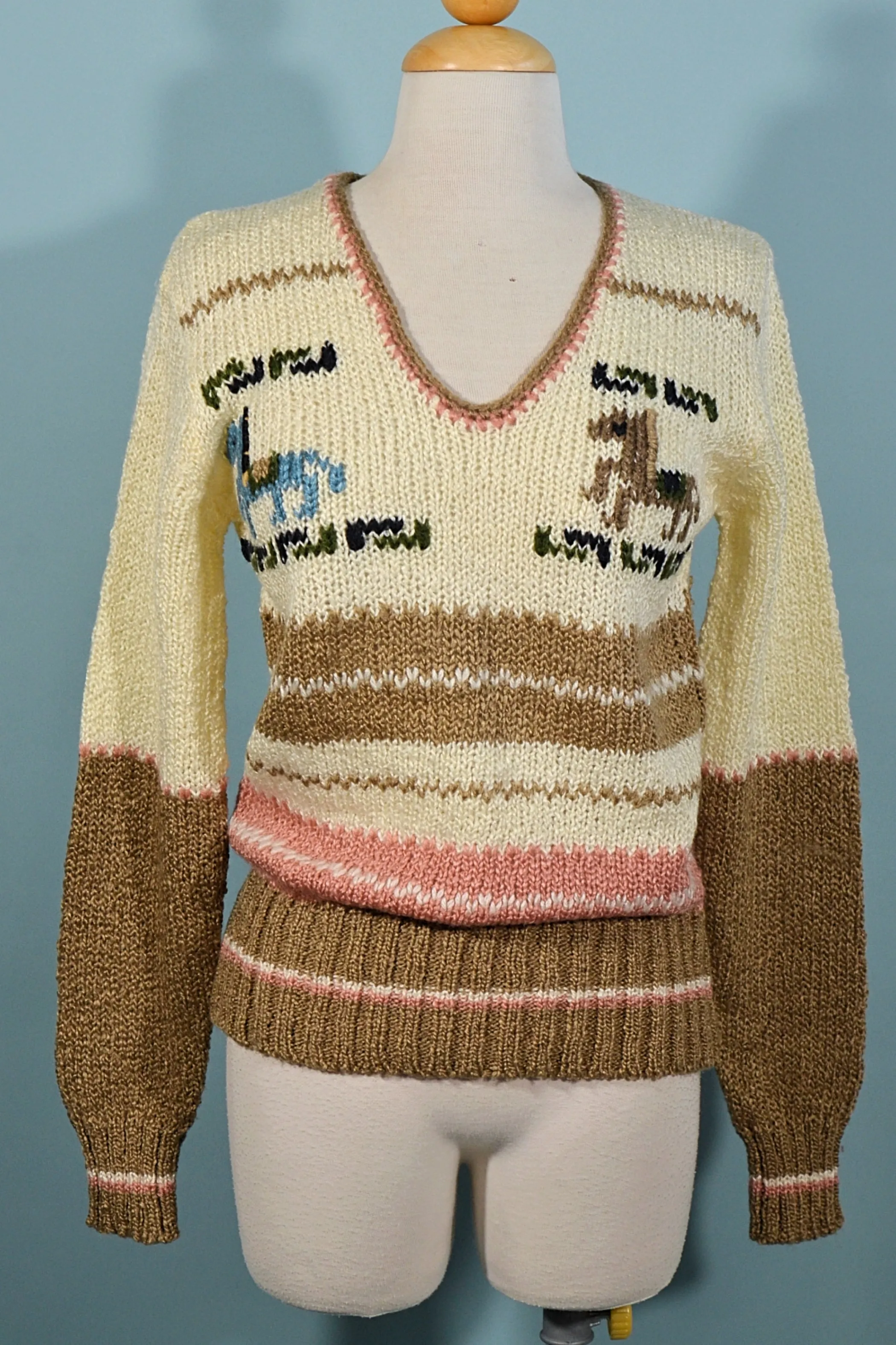 SOLD Vintage 60s V Neck Sweater Horses, Embroidered Details Novelty Sweater