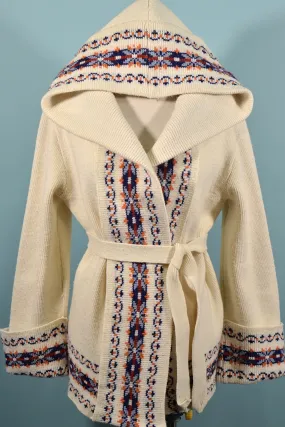 SOLD Vintage 70s Hooded Cardigan with Nordic Scandinavian Trim