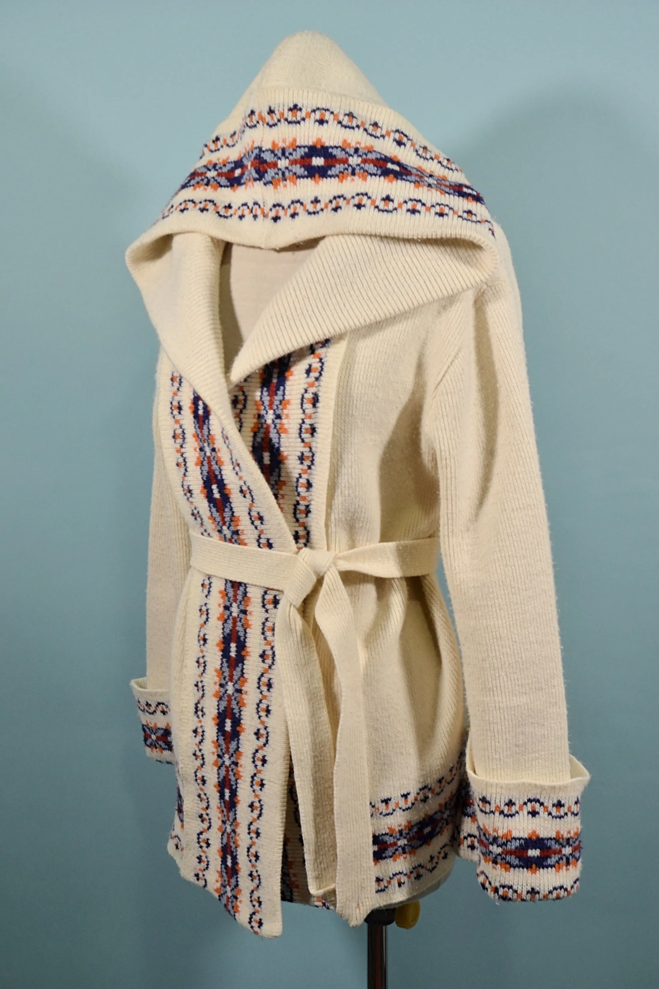 SOLD Vintage 70s Hooded Cardigan with Nordic Scandinavian Trim