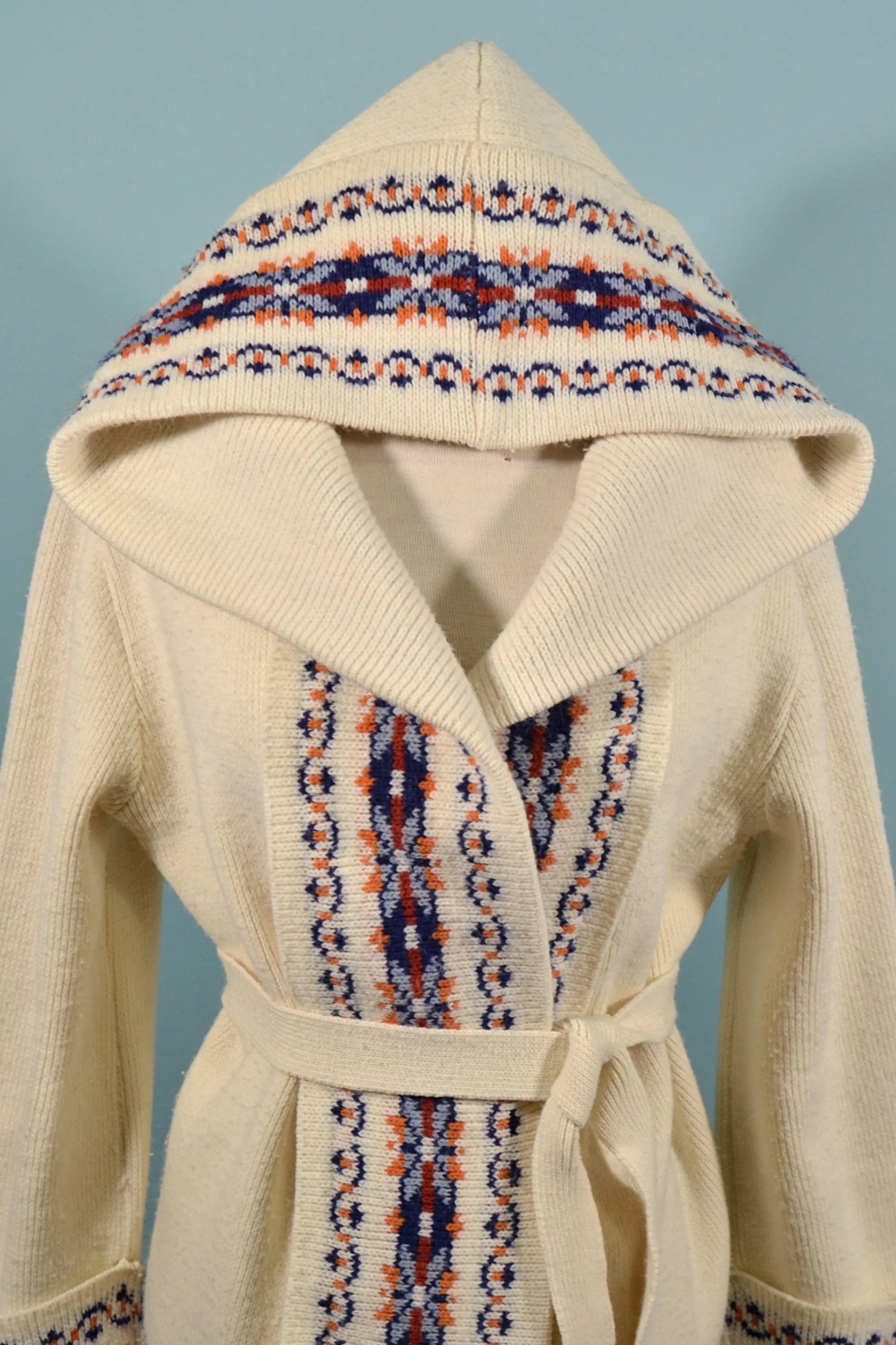 SOLD Vintage 70s Hooded Cardigan with Nordic Scandinavian Trim