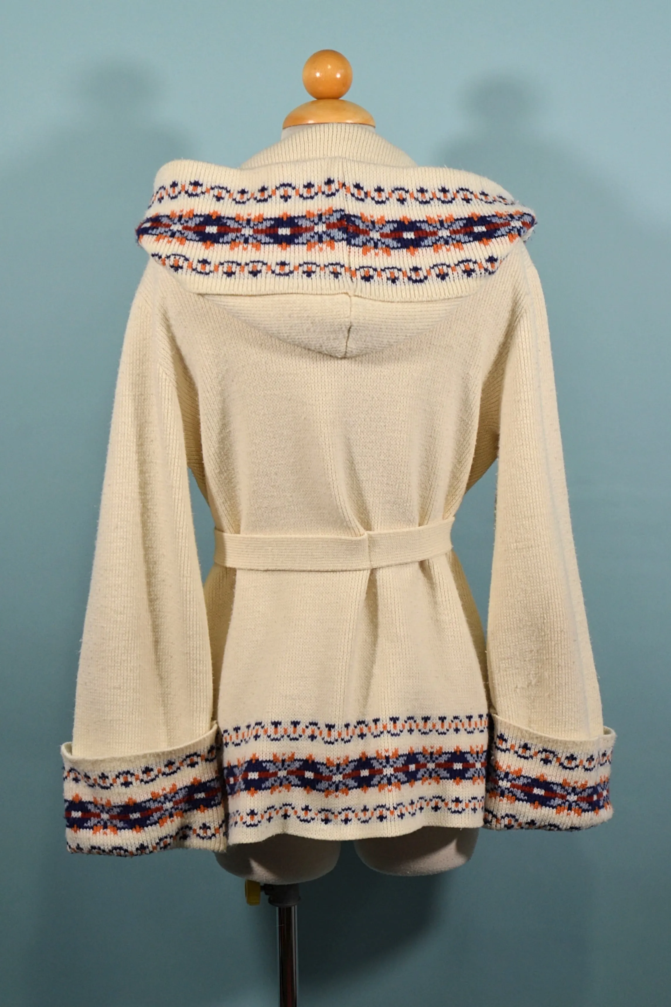 SOLD Vintage 70s Hooded Cardigan with Nordic Scandinavian Trim