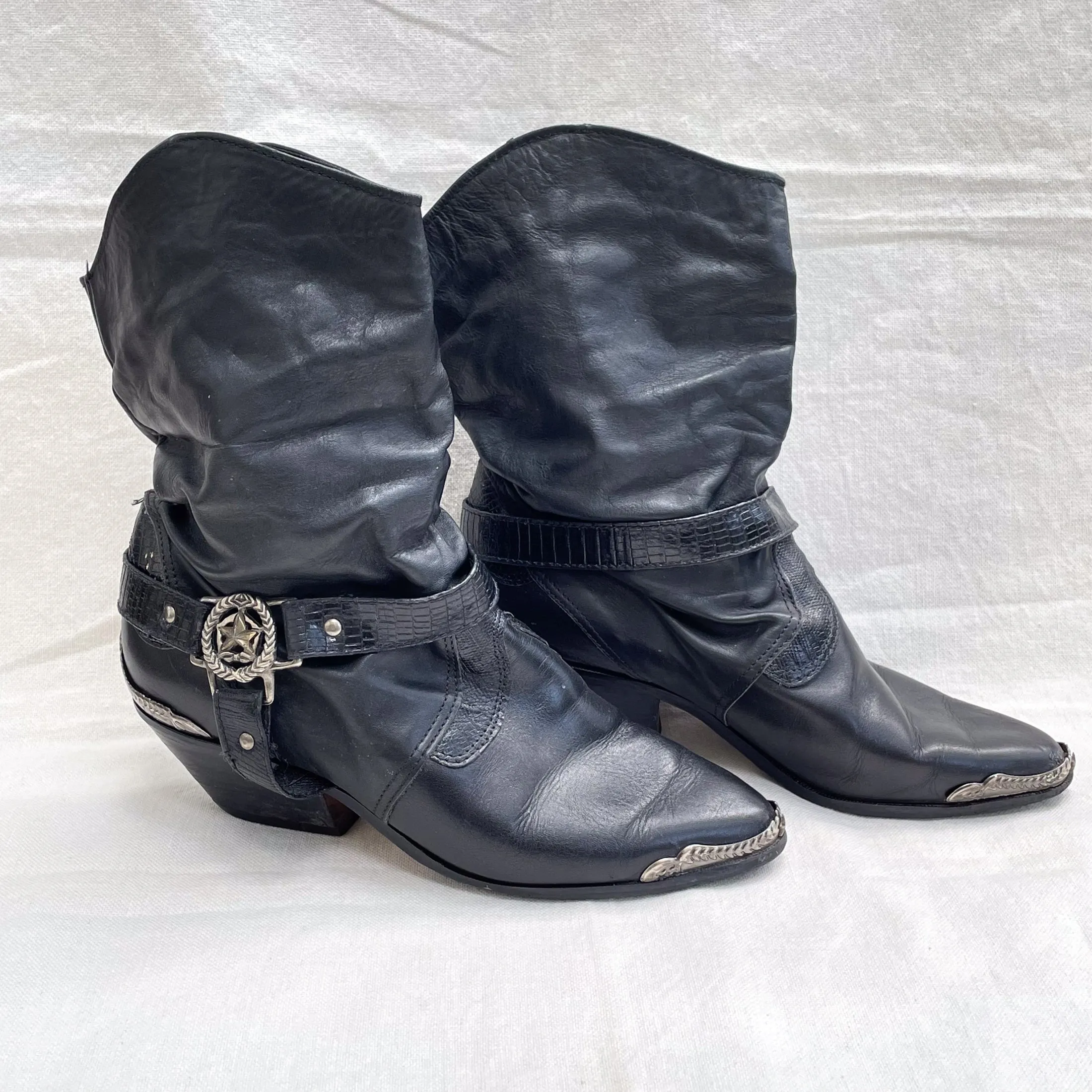 SOLD Vintage 80s Slouchy Ankle Boots, Star Toe/Heel Caps   Belts, Cowboy Booties 7M