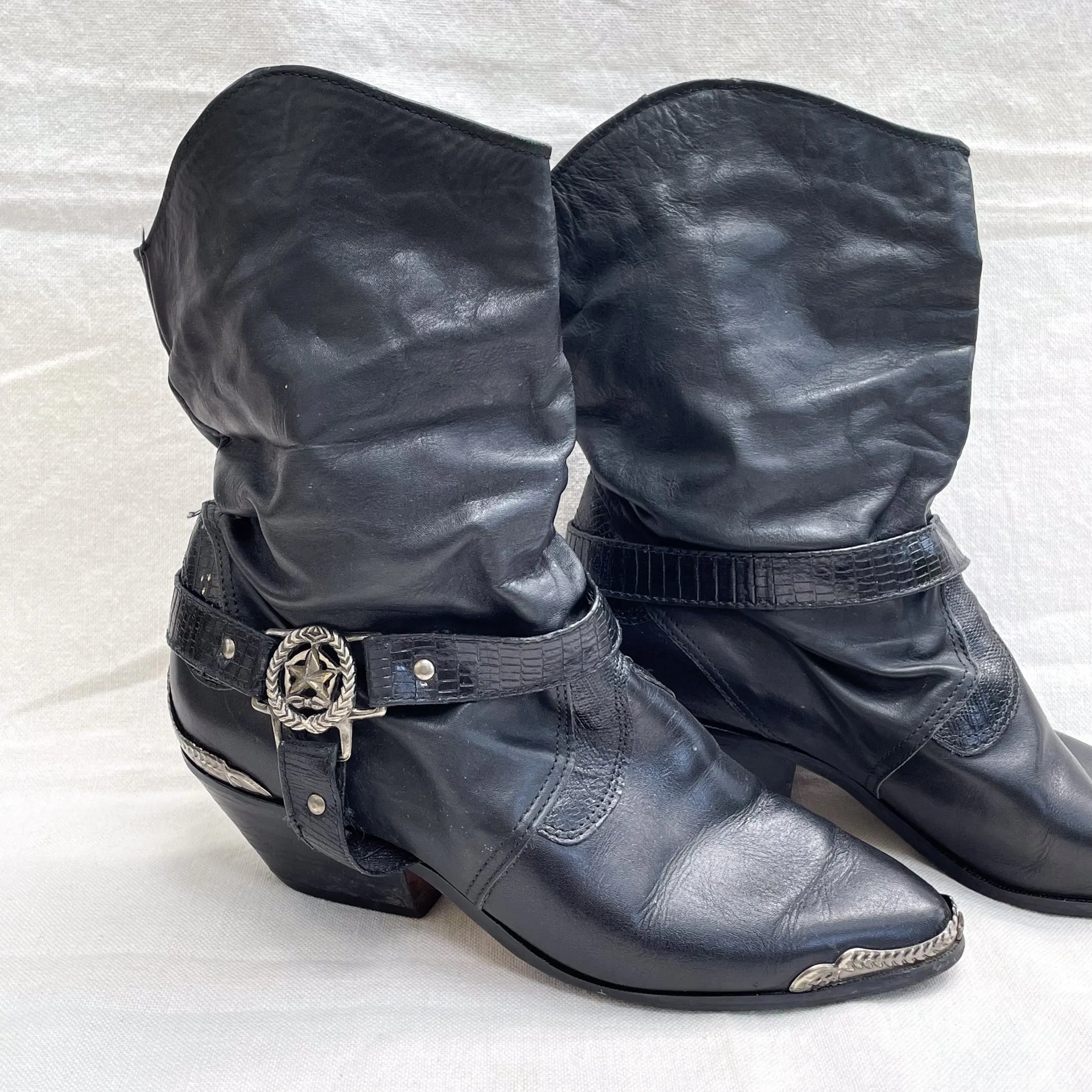 SOLD Vintage 80s Slouchy Ankle Boots, Star Toe/Heel Caps   Belts, Cowboy Booties 7M