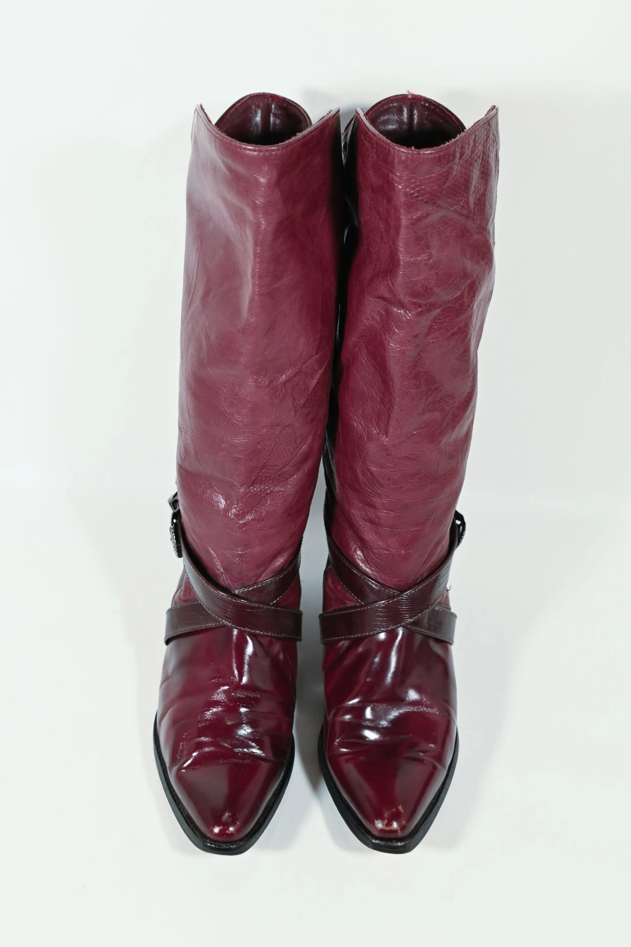 SOLD Vintage 80s Zodiac Burgundy Leather Slouchy Cowboy Boots