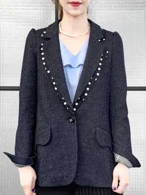 Surprise Sale! Navy Pin-thin Stripe Woollen Cotton Blended Tailored Jacket