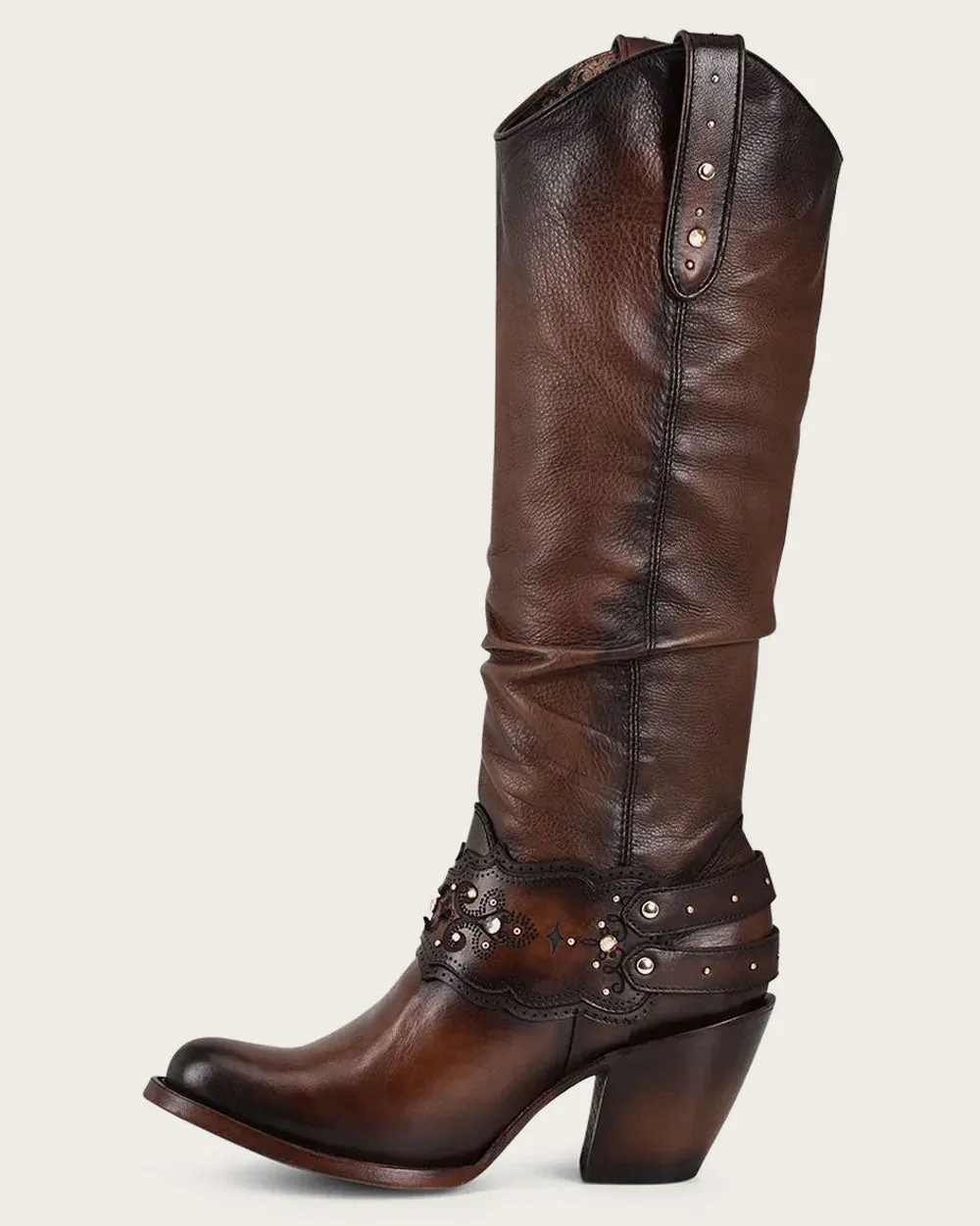 Tall brown bovine boot