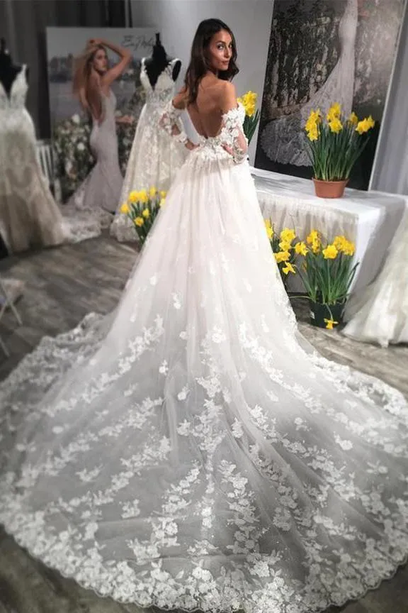 Unique Sweetheart Wedding Dresses, Puffy Lace Appliqued Backless Beach Wedding Dress UQ1781