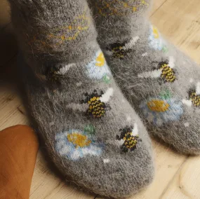 Unisex Bees & Flowers Thick Goat Wool Low-Cut Socks