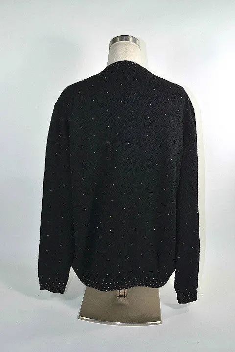 Vintage 50s Black Beaded Cardigan Sweater Size 44